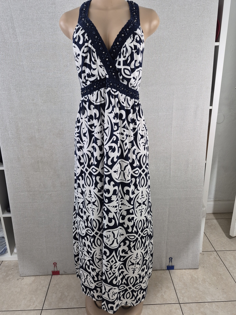 INC International Concepts Navy and White Printed Maxi Dress